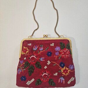 Ladies Red Marco Avane 20s Inspired Beaded Embroidered Kiss Lock Handbag